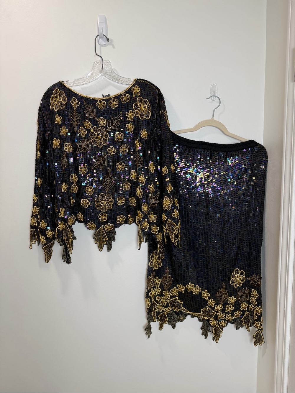 Vintage Seema International Black Sequin Beaded Skirt & Top Set Evening Formal